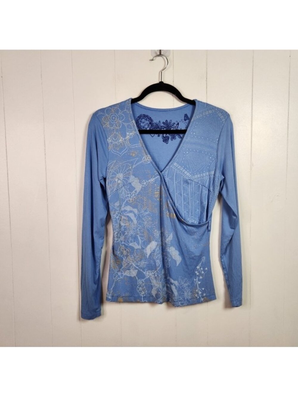 Desigual Carla Blue Long Sleeve V-Neck Wrap Top T-Shirt Stretchy Size XS